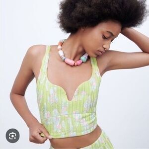 ZARA Green/Pink printed pleated top crop top NWOT size Large